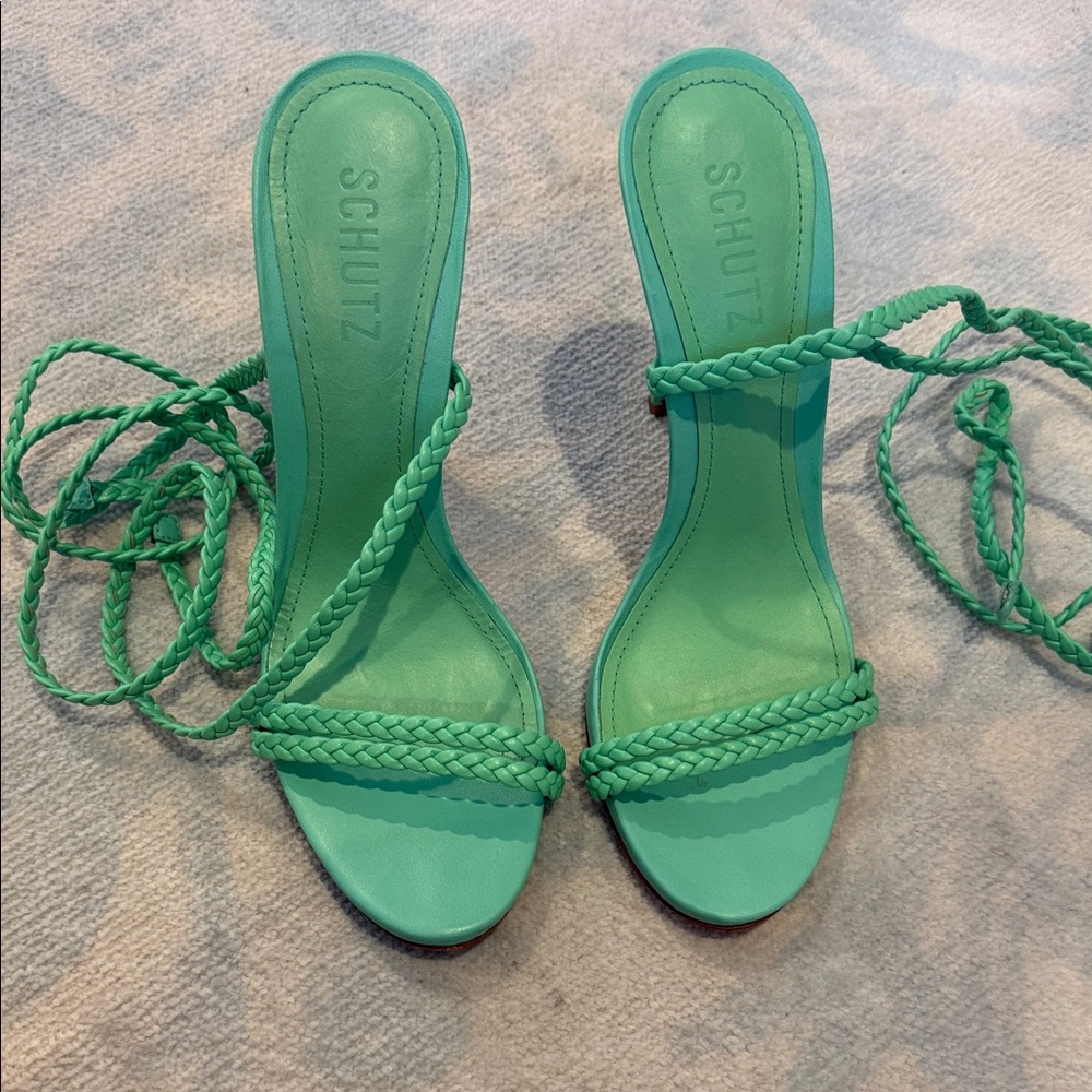 Schutz Sea Green Braided Strap Heels